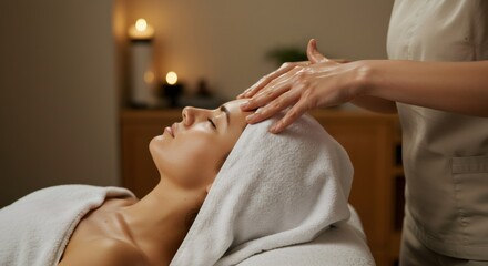 Woman enjoying a facial massage from a masseuse with eyes closed. Skincare and beauty treatment. Wellness and relaxation at a spa salon.