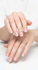 Woman showing her beautiful hands with perfect natural french manicure. Healthy nails and skin care concept for beauty salon.