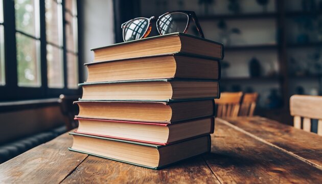 Stack of vintage books with reading glasses on a rustic wooden table, symbolizing knowledge and education, concept for learning, literature, and personal development. - Powered by Adobe