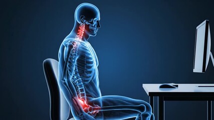 illustration of spinal health and discomfort during prolonged sitting at a desk