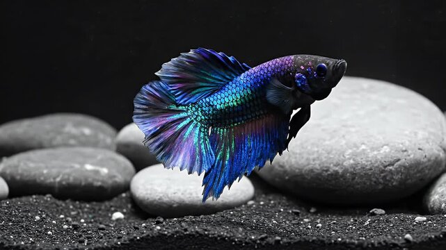 Colorful Betta fish swimming in a dark aquarium with smooth stones and a minimalistic background, showcasing vibrant scales and flowing fins