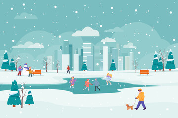 Winter park. People having fun in a winter city park. A winter park landscape with people. People are skating, making snowmen, playing snowballs, and walking dogs.