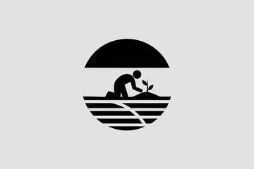 Silhouette icon of person planting seedling in soil under sun