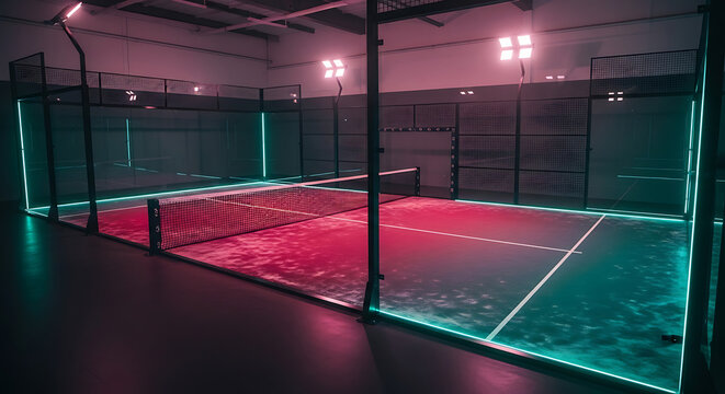 An indoor padel tennis court illuminated with vibrant pink and teal neon lights, creating a futuristic and energetic atmosphere. - Powered by Adobe