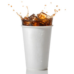 Cola splash with ice cubes in a white disposable cup isolated on transparent background