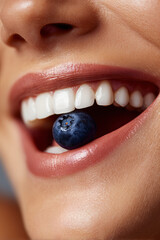 close-up of a smiling woman with a blueberry between her teeth, showcasing her white teeth and healthy smile concept