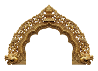 Gilded Ornate Arch With Sculpted Details, Traditional Indian Temple Carving For Cultural And Editorial Use