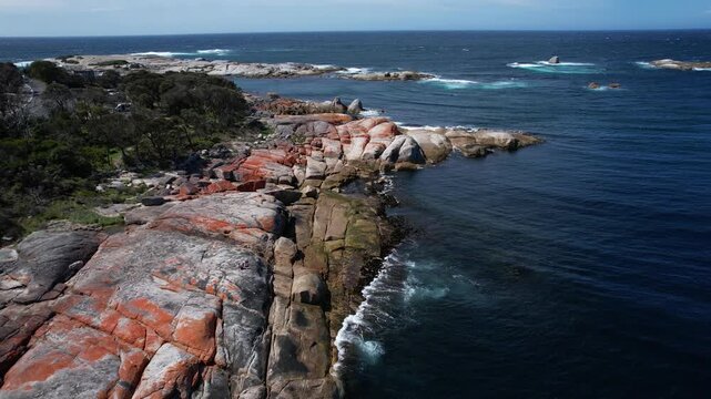 Granite Rocks Of Bicheno Blowhole In Tasmania, Australia - Aerial Shot