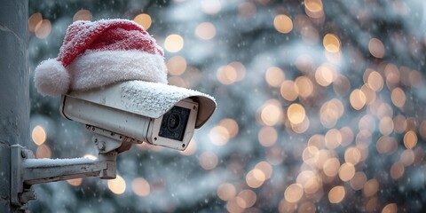 Outdoor security camera with Santa Claus hat covered in snow, blurred christmas lights background. Concept for surveillance, protection and holiday safety