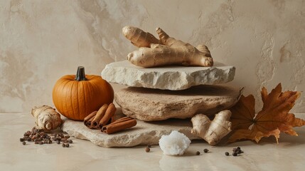 Realistic studio product photography of warm spices, pumpkin chai tea, small pumpkin, ginger, and tonka bean with a cream badkground. Use textured rock or stone to create tiered height levels with the