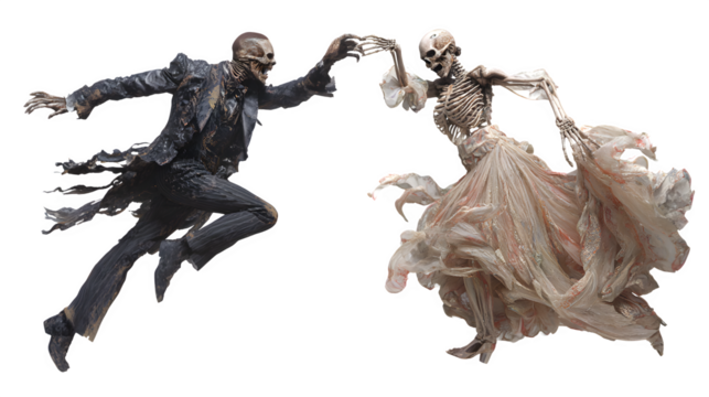 Enthralling skeleton couple waltzing in ethereal dance, ghostly figures striking pose with flowing garments, perfect for Halloween event or gothic romance projects