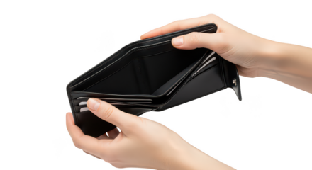 Empty Black Wallet Held By Hands On Dark Background