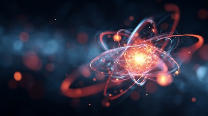 Illustration of atom structure with glowing nucleus and orbiting electrons in cosmic background. Concept for quantum physics, nuclear energy and scientific research