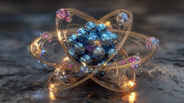 Atomic structure with golden orbits and spheres on dark stone background. Concept for science education, quantum physics and nanotechnology