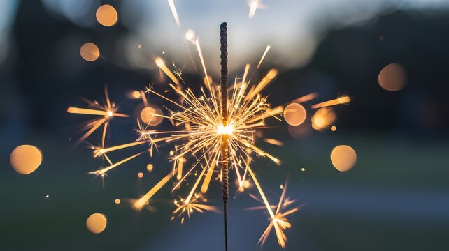 Sparkler ignites with bright golden sparks against a softly blurred dark background with bokeh lights