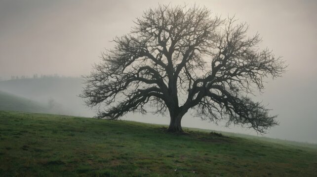 Solitary oak tree stands on a foggy hillside