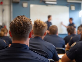 Group of police cadets in a classroom setting listen to instructor at whiteboard, concept for law enforcement training, police academy program and security protocols