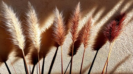 A collection of dried pampas grass stalks, varying in color from creamy white to reddish-brown, are arranged against a textured wall. Dramatic shadows are cast