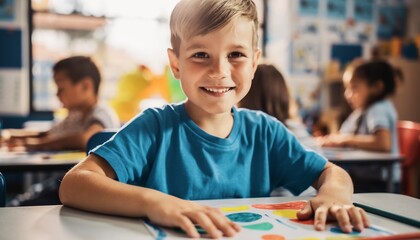 Smiling young boy coloring at a school desk, radiating joy and engagement, a vibrant concept for early childhood education, creative learning, and positive school experiences.