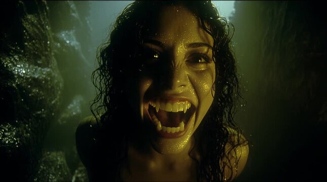 A woman with long wet hair snarls, revealing sharp fangs. Her glowing eyes and expression expose her as a deadly siren ready to strike from the deep