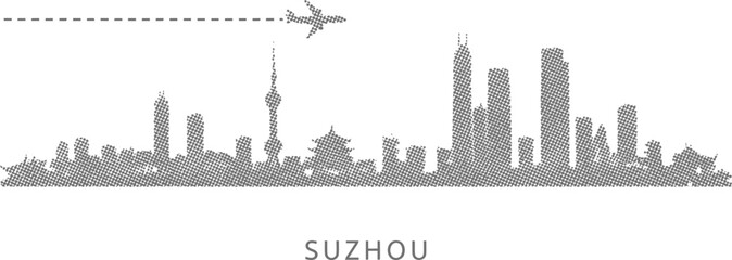 Obraz premium Suzhou Skyline with Airplane and Dash Line