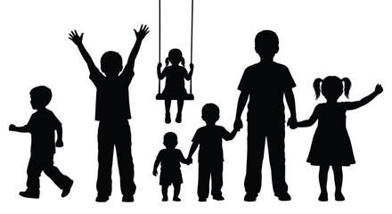 Happy children silhouettes at playground enjoying carefree childhood fun