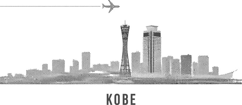 Kobe Skyline Silhouette with Airplane and Dots
