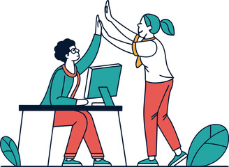 Two people celebrating success at a computer desk