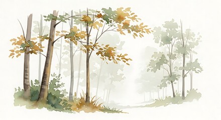 Fototapeta premium Watercolor woodland scenery, serene tree trunks and subtle autumn foliage