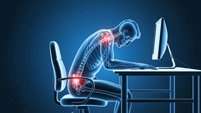Digital illustration highlighting common work-related back and neck pain at a