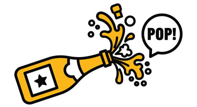 Celebrate with exploding champagne bottle and a loud POP graphic
