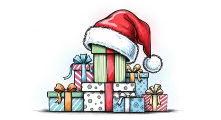 Festive Christmas gifts with Santa hat, watercolor illustration exudes holiday cheer, perfect for seasonal promotions and heartfelt greetings cards design