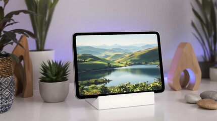 Serene Landscape Displayed on Tablet, Surrounded by Plants and Decorative Elements