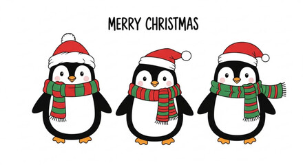 Festive holiday cheer with adorable penguins wearing Santa hats and scarves, wishing you a Merry Christmas this winter season, perfect for greetings