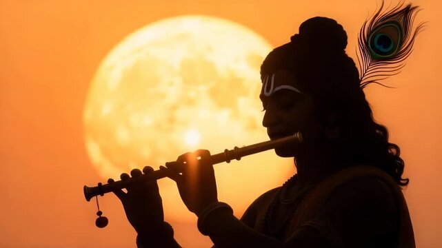Cinematic Krishna Silhouette Playing Flute at Sunset: A Meditative Spiritual Journey in Warm Golden Light, Slow Motion 4K Background