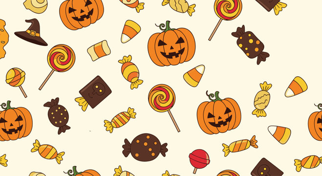 Delicious seamless pattern of cheerful Halloween candy treats and smiling jack-o'-lantern pumpkins on a light background.