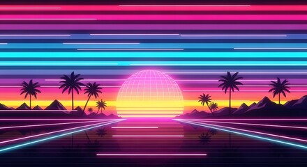 Retro neon sunset over palm tree lined highway