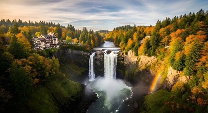 Majestic waterfall cascading into a river with autumnal forest landscape