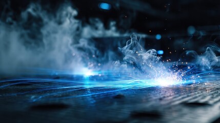 Blue color Laser CNC with spark, metal, light, laser, blue, metalwork, cut