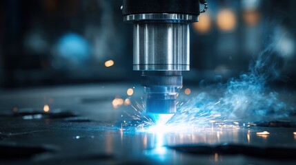 Blue color Laser CNC with blue, laser, spark, light, cut, metal, metalwork