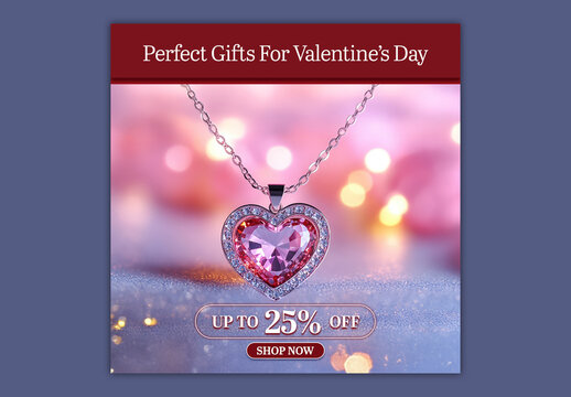 Editable Valentine&rsquo;s Day Jewelry Sale Social Media Post Template with Heart Shaped Diamond Pendant in Gradient Theme.