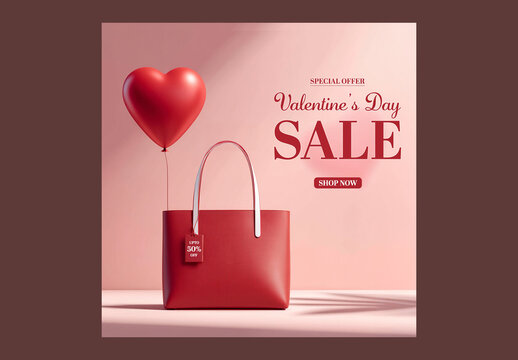 Editable Happy Valentine&rsquo;s Day Sale Social Media Post Template with 50% Discount Offer on Female Handbag and Heart Balloon.