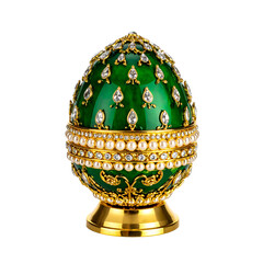 Golden Emerald Egg: A jeweled egg, meticulously crafted with emerald green enamel, sparkling gemstones, and lustrous pearls, resting gracefully on a golden pedestal.