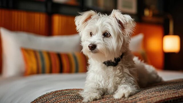 A small white dog with fluffy fur lies on a bed with pillows and a patterned blanket
