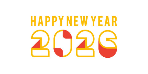 Happy New Year 2026 greetings with , with geometric figures in yellow and red on a white background