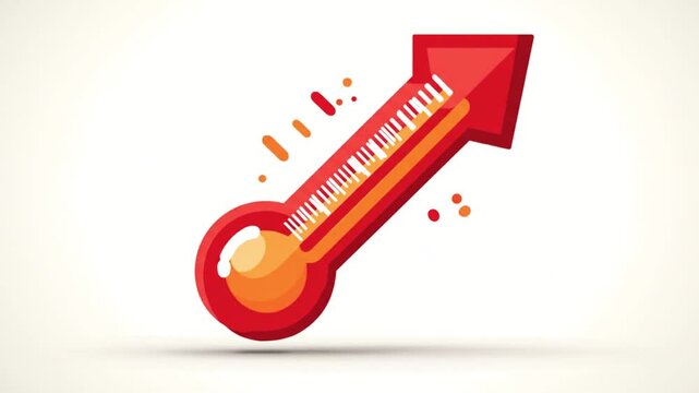 Playful red thermometer illustration bulb left, curved glass, rising mercury, arrow tip upwards!!!!