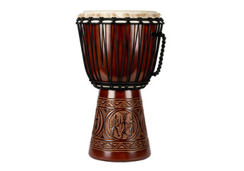 Traditional Djembe Drum with Intricate Carvings and Natural Wood Finish isolated on Transparent Background for Musical Performance and Cultural Celebration