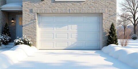 White garage door in a snowy winter landscape, peaceful and serene scene.