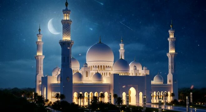 Beautiful view of mosque at night for Ramadan Kareem , Aidil Fitri, eid Mubarak decoration design gift background	