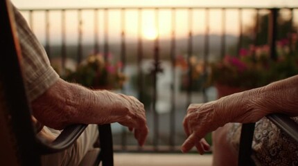 Warm golden sunset illuminates the clasped hands of an elderly couple, cherishing precious moments on their serene balcony - Powered by Adobe